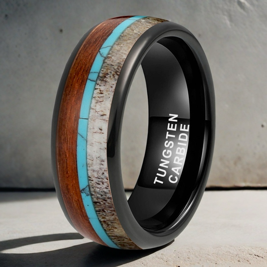 Heritage Architecture Ring - 8mm Black Tungsten Men's Ring with Reclaimed Wood, Deer Antler & Turquoise Inlay