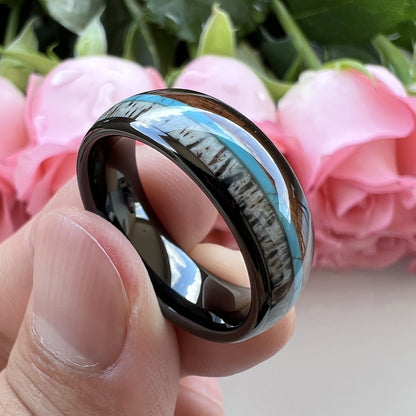 Heritage Architecture Ring - 8mm Black Tungsten Men's Ring with Reclaimed Wood, Deer Antler & Turquoise Inlay