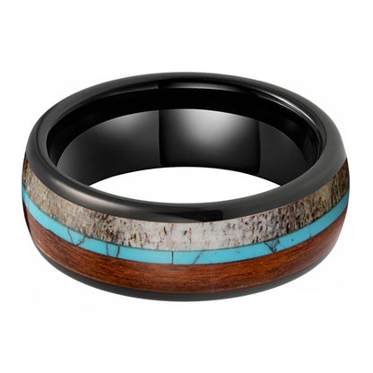 Heritage Architecture Ring - 8mm Black Tungsten Men's Ring with Reclaimed Wood, Deer Antler & Turquoise Inlay