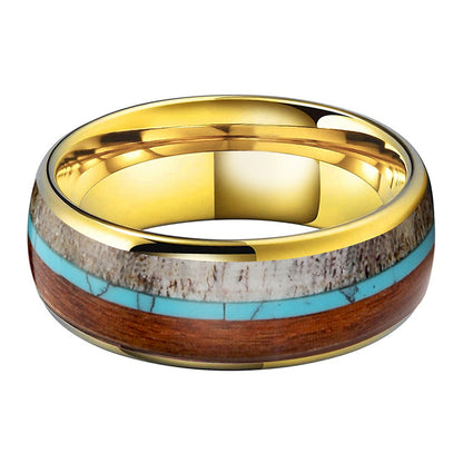 Heritage Architecture Ring - 8mm 18K Gold-Plated Tungsten Men's Ring with Reclaimed Wood, Deer Antler & Turquoise Inlay