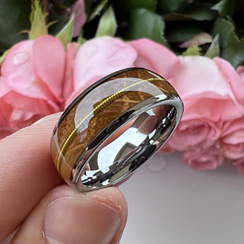 Musical Soul Ring - 8mm Platinum-Plated Tungsten Reclaimed Guitar Wood and String Men's Wedding Band