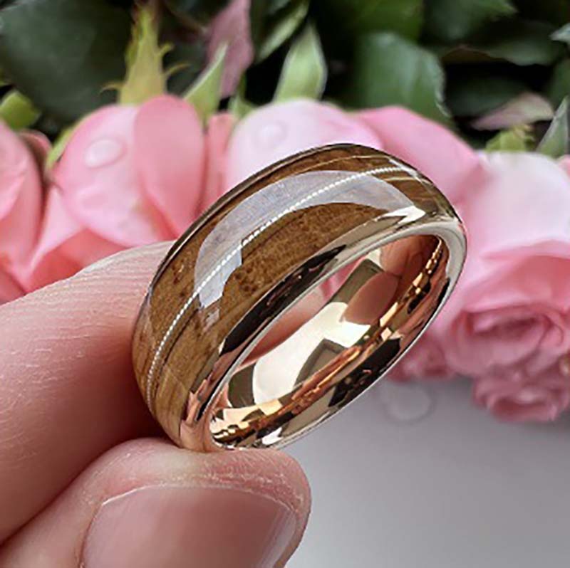 Musical Soul Ring - 8mm Rose Gold-Plated Tungsten Reclaimed Guitar Wood and String Men's Wedding Band