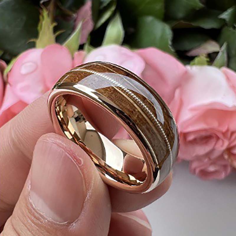 Musical Soul Ring - 8mm Rose Gold-Plated Tungsten Reclaimed Guitar Wood and String Men's Wedding Band