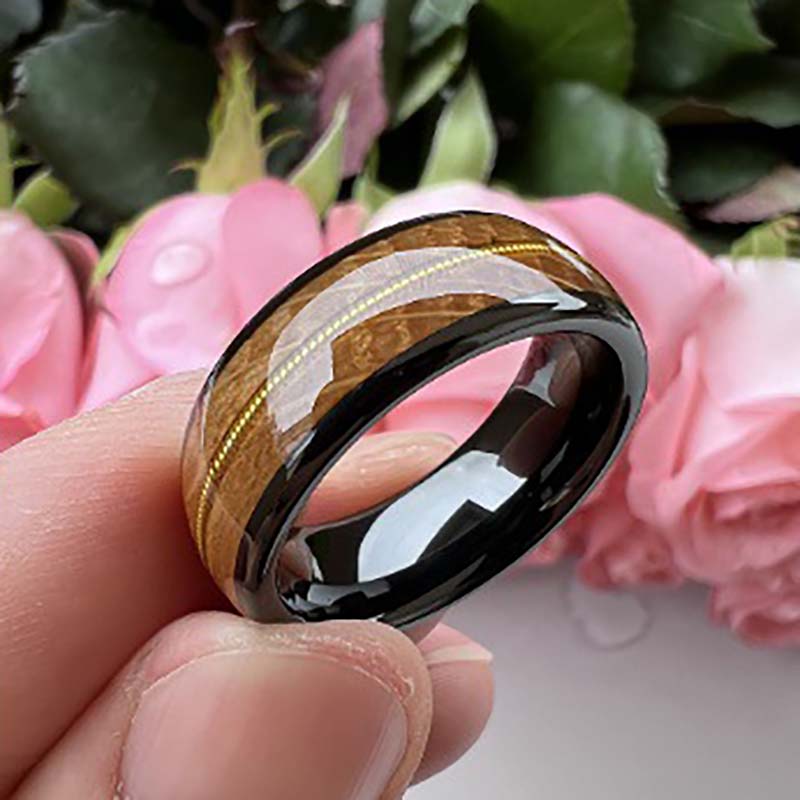 Musical Soul Ring - 8mm Black Tungsten Reclaimed Guitar Wood and String Men's Wedding Band