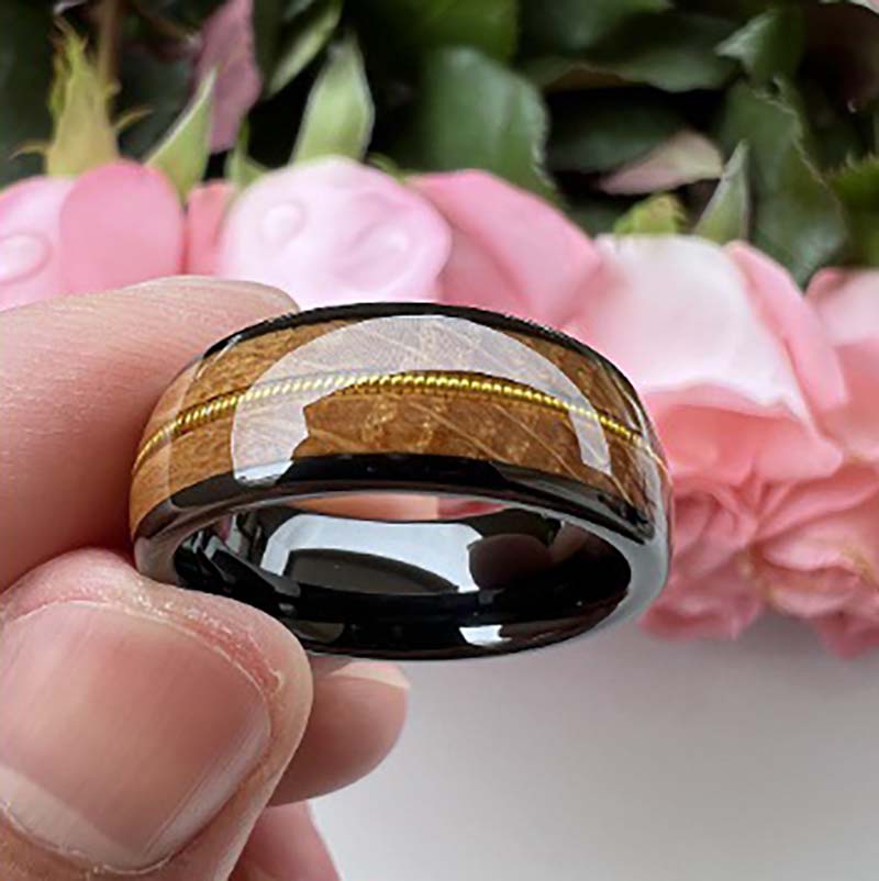 Musical Soul Ring - 8mm Black Tungsten Reclaimed Guitar Wood and String Men's Wedding Band